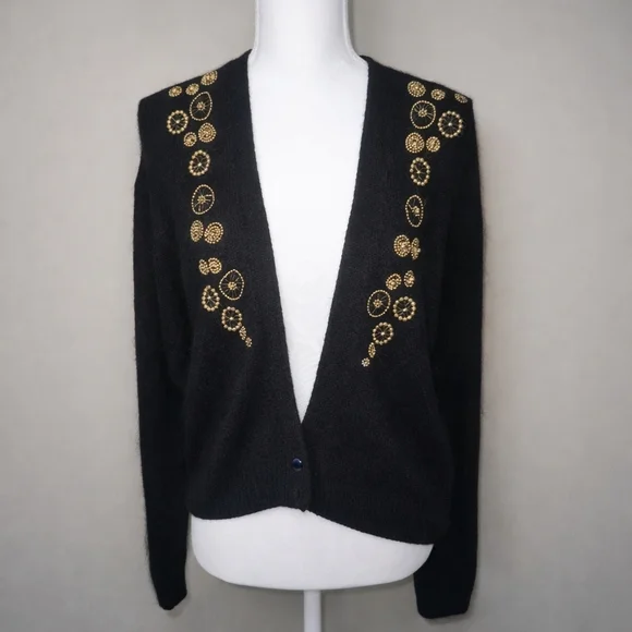 Vintage 1980s Cezanne Black Silk Angora Quiet Luxury Beaded Old Money Cardigan - Picture 1 of 16